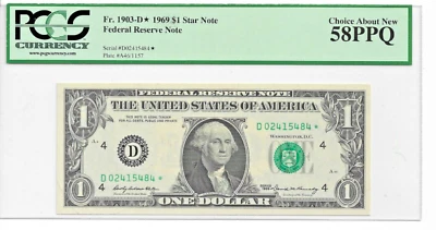 1969 $1 Federal Reserve Note  Cleveland FR 1903-D PCGS Currency 58 PPQ Star Note - Image 1 of 2