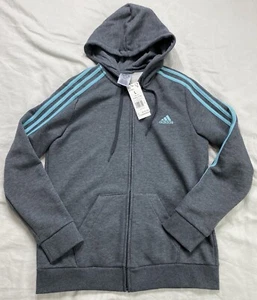 adidas Essentials Women's L 3-Stripes Fleece Hoodie Dark Grey Heather/Light Blue - Picture 1 of 8