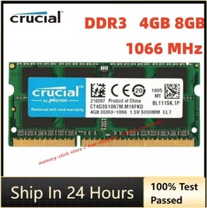 CRUCIAL DDR3 4GB 8GB 1066 MHz PC3-8500 Laptop SODIMM 204-Pin Memory RAM 8G 4G - Picture 1 of 9
