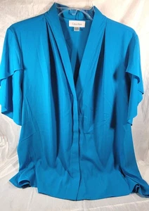 Calvin Klein Women's Short Flutter Sleeves V-Neck Chiffon Blouse - Cerulean - 1X - Picture 1 of 3