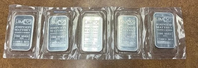 Hoja sellada JM de 5 barras de plata fina Johnson Matthey de 1 oz troy .999. Foto 1 de 3