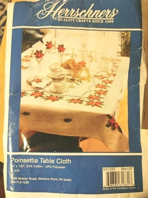 NEW Herschners Poinsettia Christmas Tablecloth Topper Embroidery Kit 60"x120"  - Image 1 of 4