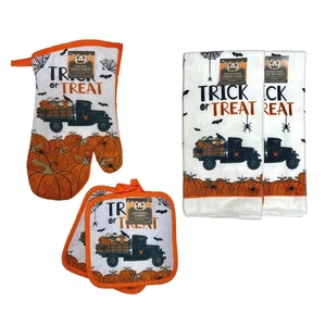 Halloween Truck Kitchen Set Towels Oven Mitt Pot Holders Pumpkins Decor Gift - Picture 1 of 9