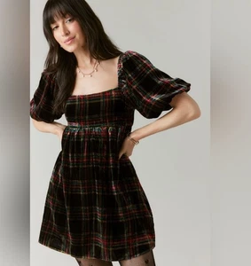 Audrey Parks Francesca’s Grace kariertes Samt-Minikleid zum Binden Puffärmel Medium - Bild 1 von 7