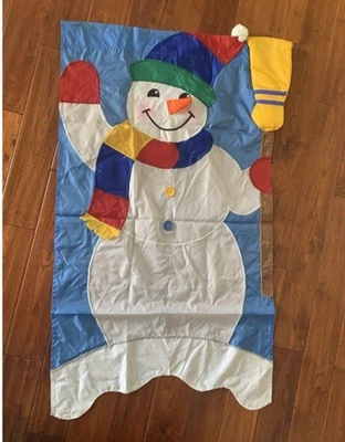 Vintage 1996 Windsport Snowman Puffy Broom Heavy Nylon Applique 28x53 Fancy Flag - Image 1 of 4
