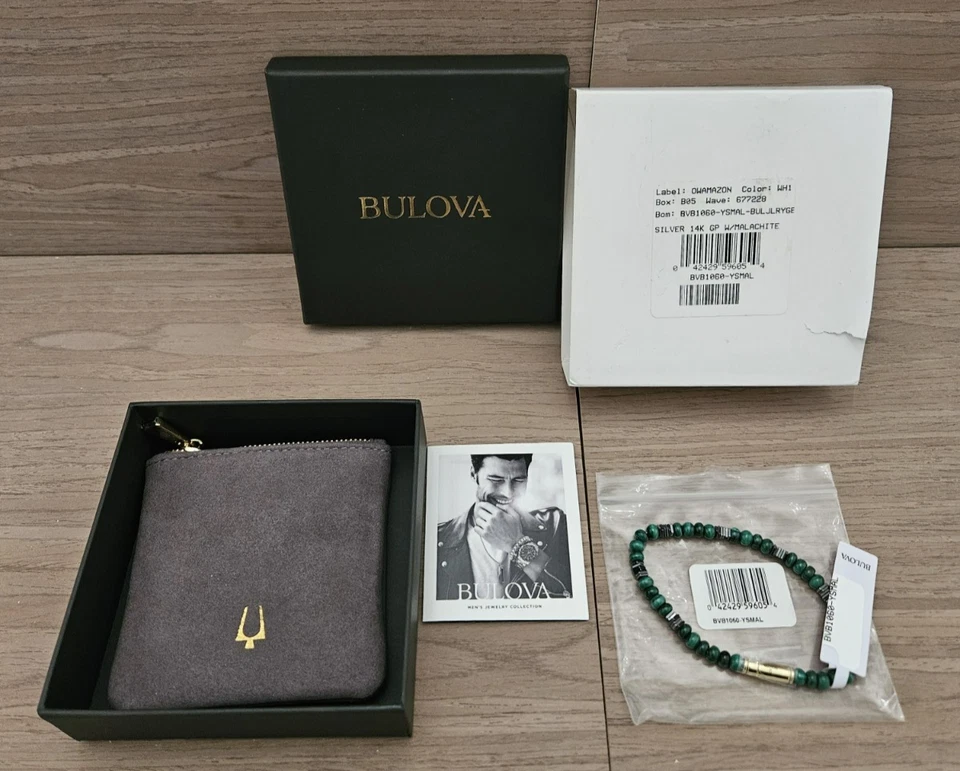 Pulsera BULOVA Hombre 8.5 pulgadas Malaquita Piedra, BVB1060-YSMAL - Oro Verde NEGRO - NUEVO Foto 1 de 4