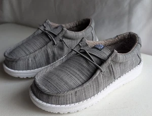 Hey Dude Shoes Boys 3 Wally Youth Linen Blend Slip On Stone Gray Loafer Casual - Picture 1 of 15