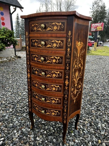 Vintage Italian Inlaid Chest Lingerie Tall Dresser Ornate Italy Curved Bombay Cover