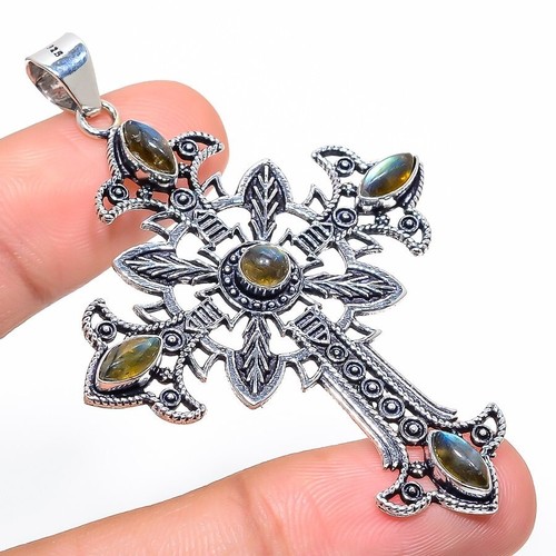 VETEMENTS Ciondolo Croce Fatto a Mano Pietra Preziosa Labradorite Argento 925 3"