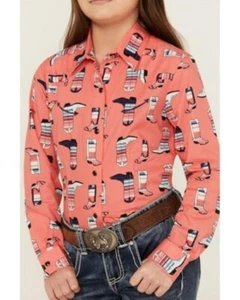Cruel Girl's Long Sleeve Cowboy Boot Print Snap Western Shirt Coral - Picture 1 of 6