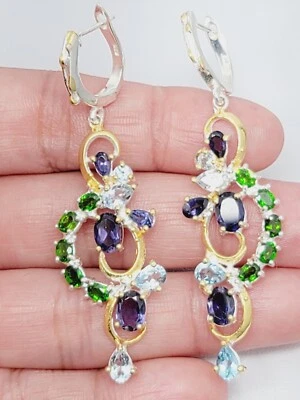 Iolite, Topaz, Chrome Diopside Gems Earring 925 Sterling Silver, 24K Yellow Gold - Image 1 of 3