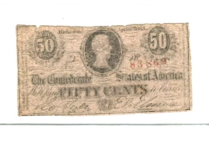 50 CENT "CONFEDERATE" (RED SERIALS) 1800'S 50 CENT "CONFEDERATE" RARE!!!!! - Picture 1 of 2