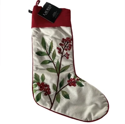 LAUREN RALPH LAUREN Berries And Leaves Embroidered Christmas Stocking Red Cuff - Image 1 of 4