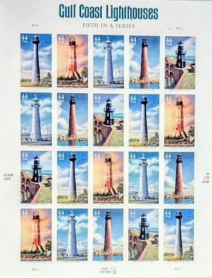 Scott #4409-4413, Gulf Coast Lighthouses Stamps, MintNH, sheet of 20, 2009 - Image 1 of 3