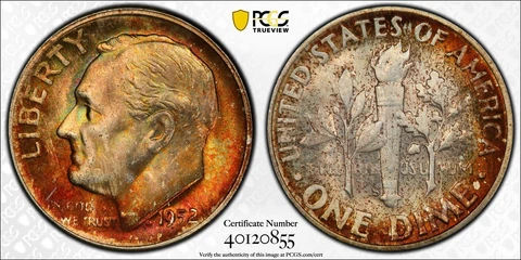 MS66 1952-S 10C Roosevelt Silver Dime, PCGS Secure- Pretty Mint Set Toned Cover