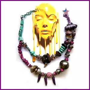 Fashion Necklace Beaded Pendant Chunky Stone Jewelry Brutalist Design Modernist - Picture 1 of 24