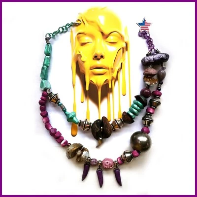 Fashion Necklace Beaded Pendant Chunky Stone Jewelry Brutalist Design Modernist - Image 1 of 4