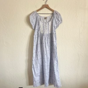 Vintage 90s High Sierra 100% Cotton Floral Lace Maxi Nightgown Dress Medium Blue - Picture 1 of 6
