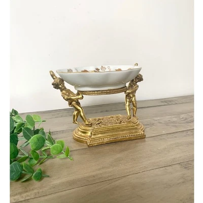 Jabonera de querubín Ormolu dorado de colección pedestal Catchall Bowl Hollywood Regency Foto 1 de 4
