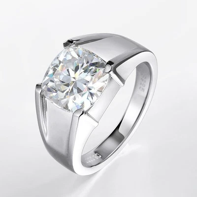 6CT Cushion Cut Moissanite Solitaire Wedding Ring for Men 14K White Gold Plated - Image 1 of 4
