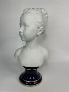 PORCELANE LIMOGES FRANCE WHITE BISQUE BUST OF YOUNG GIRL ON BLUE STAND - Picture 1 of 9