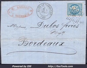 FRANCE N°46B SUR LETTRE AMBULANT CB + CAD GARE DE NARBONNE DU 05/04/1871 - Picture 1 of 2