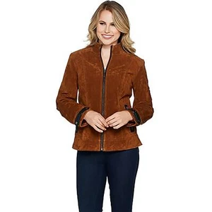 DENNIS BASSO Size S Zip Front Bomber Suede Jacket COGNAC - Picture 1 of 3