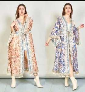 Lagenlook Damen Ethno Long Kimono Jacke/Mantel/OverTop Quasten One Size:14-18 - Bild 1 von 17