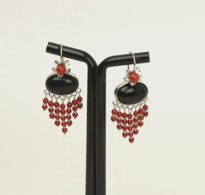 ORECCHINI IN ARGENTO 925 CABOCHON ONICE  OVALE CON PENDOLI CORALLO - AGHT 0768 - - Immagine 1 di 3