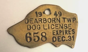 1949 Dog License Tax Brass Tag: DEARBORN TOWNSHIP #658 Dog Head Shape; Michigan - Picture 1 of 1