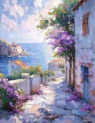 Mediterranean Scenery Purple Oil Painting Wall Art Canvas Unframed Print Art - Image 1 of 2