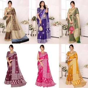 Sari de seda artística estampado tejido para mujer con material de blusa sin coser - Imagen 1 de 43