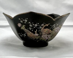 Japanese Lotus Bowl, Black with Gold Trim Peacock Bird Pattern - Picture 1 of 7