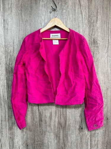 Giacca CHANEL senza colletto rosa shocking Francia donna taglia 36 senza colletto esterno