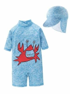 Kid Boys Chic Animals Printed One-Piece Rash Guard with Sun Hat 2pcs Swimsuit Po - Picture 1 of 9