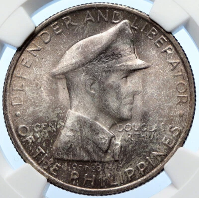 1947S PHILIPPINES US WWII General DOUGLAS MACARTHUR Silver Peso Coin NGC i106341 - Image 1 of 4