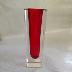 Vintage Murano Flavio Poli Sommerso Glass Block Vase 5.5" MCM Red Blue 70s - Picture 1 of 9