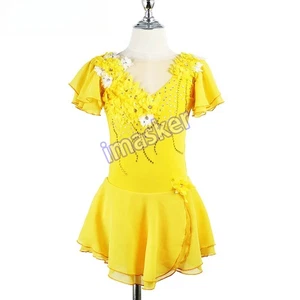 Figure Skating Dress Yellow Short Sleeved Flower Ice Skating Skirt Women - Picture 1 of 16