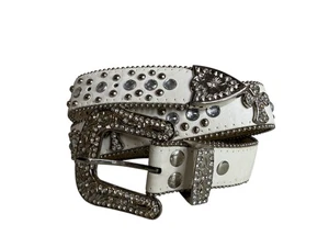 Y2K Grunge Rhinestone Cross Crystal White Leather Stud Snap On Buckle Belt M/L - Picture 1 of 5