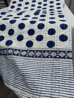 Indian Double Handmade Quilt Vintage Blue Polka Dot Print Kantha Quilt Bedspread - Image 1 of 4