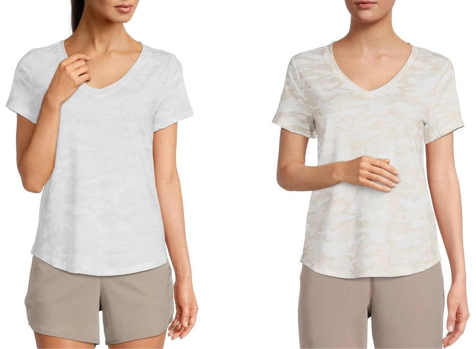 Camiseta de rendimiento Calvin Klein camuflada con cuello en V para mujer manga corta 100 % algodón Foto 1 de 1