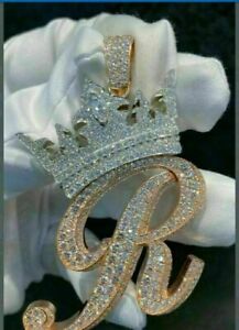 Men's 14k Rose Gold Plated Custom Initial R Crown Pendant in 1.50 ct Sim Diamond