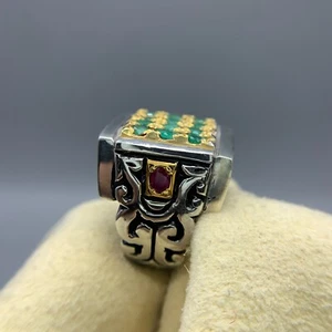 Natural Round Cut Emerald With Rubies In Heavy Hand Made Classy Silver Ring - Picture 1 of 10