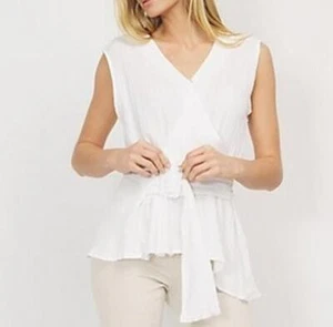 2773 Bob Mackie Bark Mock Wrap Peplum ärmelloses Top mit Gürtel WEISS Gr. L - Bild 1 von 1