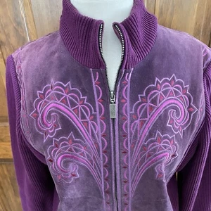 Bob Mackie Wearable Art Leather Suede & Knit Sweater Jacket Size L Cardigan Zips - Imagen 1 de 22