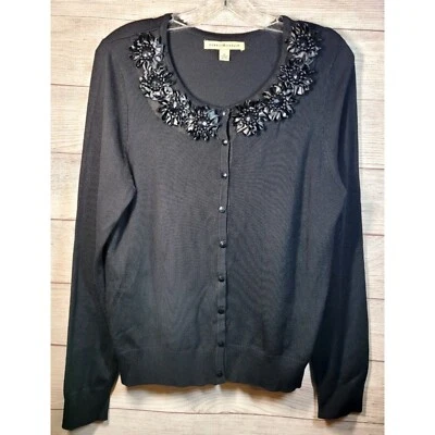 Cárdigan suéter negro Debbie Morgan para mujer talla M con cuentas flores Grandmacore Foto 1 de 4