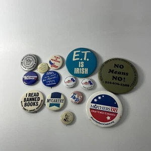 Lot Of 14 Vintage Button Pin Pinbacks Political Banned Books E.T Is Irish Cabot - Picture 1 of 8