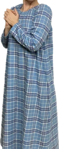 Ladies S M L XL 1X 2X 3X long full nightgown Organic cotton blue plaid flannel - Picture 1 of 2