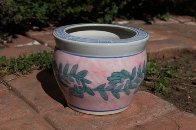 Maceta de cerámica estilo pecera de porcelana esmaltada rosa y verde china vintage Foto 1 de 4