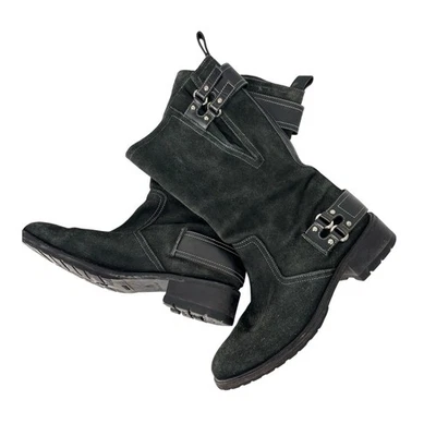 Botas de Motociclista Cole Haan 8.5 Hebilla Gamuza Pulida Carbón Media Pantorrilla Suela Foto 1 de 4